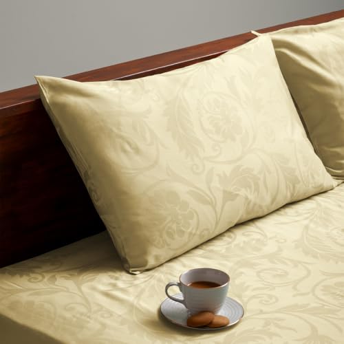 Image of Blue Dahlia 100% Cotton, Queen Size Elastic Fitted Bedsheet (60 inchx78 inch) + 2 Pillow Covers, Fits Upto 10 inch Mattress, 300TC Premium Bedsheet, Bold Floral Jacquard Pattern - Ivory