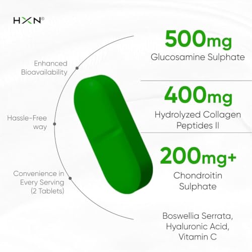 Image of HXN Joint Support Supplement with Glucosamine | Hydrolyzed Collagen Type 2, Hyaluronic Acid, Boswellia & Chondroitin | Knee Cartilage Flexibility, Mobility & Bone Health | 120 Veg Tablets for Men & Women