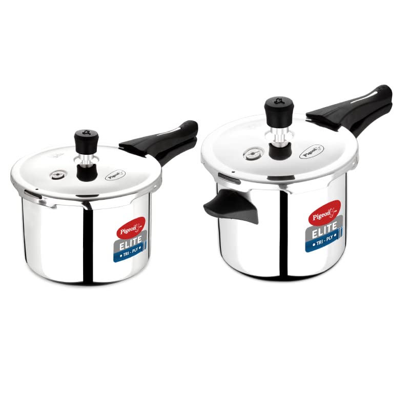 Image of Pigeon Stainless Steel Elite Shine 2 L +3 L Combo Tri-Ply Body Outer Lid Pressure Cooker Induction And Gas Stove Compatible That Distributes Heat Evenly For Uniform Cooking, 5 Liters, Silver