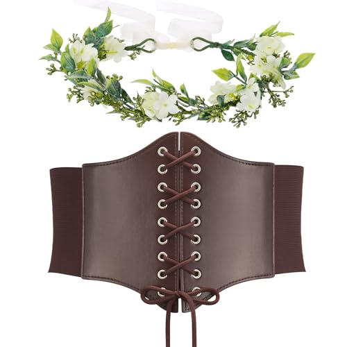 YESSA Renaissance Accessories Lace-up Pirate Cinch Corset Belt for Women Medieval Underbust Corset Waist Belts Ren Faire headpiece Coffee Large