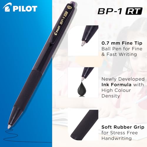 Image of Pilot BP-1 RT 0.7mm Fine Tip Ball Pen with Soft Rubber Grip | Black Ink, Pack of 12