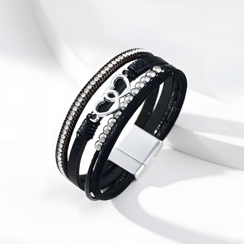 Heart Wrap Leather Bracelets for Women, Multi-Layer Boho Cuff Bangle with Pearl Crystal Beads Chain Stackable Bangles Anniversary Mother's Day Birthday Christmas Jewelry Gifts for Her4