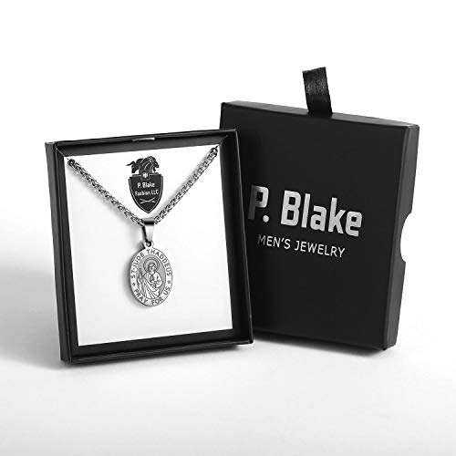 P. BLAKE Oval Saint Christopher/Michael/Joseph/Jude/Virgin Mary/Joseph/Francis/Patrick/Anthony/Benedict/Thomas Necklace for Men Women, Stainless Steel Catholic Patron Pendant with Chain 24 Inches