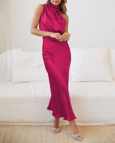 Btfbm Women's Sleeveless Cocktail Dresses Mock Neck Keyhole Elastic High Waist Wedding Guest Evening Party Maxi Dress(Solid Rose Red, Xx-Large) #TOP7