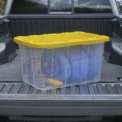 Image of Storage Tote 27 Gallon Clear Industrial Bin with Lid 4 Pack.