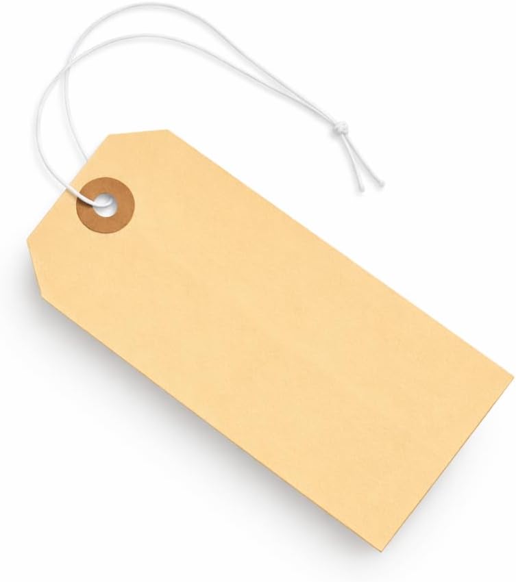 Tags with Elastic String Attached - #5, 4 3/4" x 2 3/8" Box of 200 Manila Paper Label Tags with Elastic Loop and Reinforced Hole