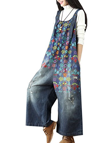 Flygo Women's Floral Printed Wide Leg Distressed Bib Denim Overalls Jumpsuits with Pockets (One Size, Dark Blue)