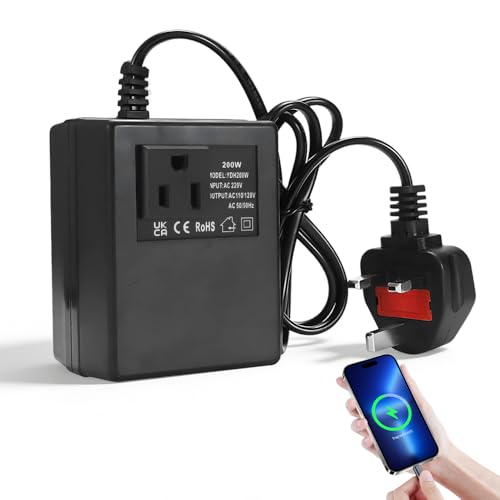 200W Step Down Power Voltage Converter, HOVCEH Step Down Transformer 220V/240V to 110V/120V, Voltage Converter USA To UK, Intelligent Efficient Power Adapter for Travel Hotel