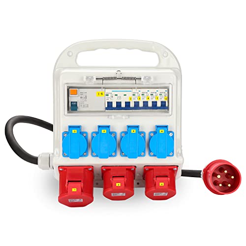 Peviasot FI-Schutzschalter 2 x CEE 400V/16A+4 x 230V Schuko IP44 5 polig Stromverteiler Baustromverteiler 32a Wandverteiler Verteiler Mit Sicherheitsklappdeckeln