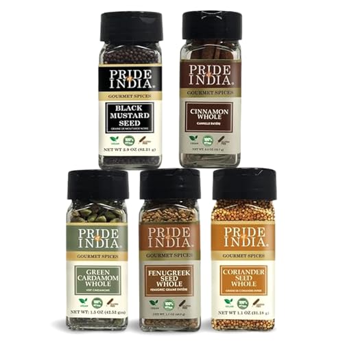 Pride of India | Black Mustard, Green Cardamom, Cinnamon, Coriander & Fenugreek Bundle | Essential Indian Kitchen Whole Spices in Small Dual Sifter Bottles