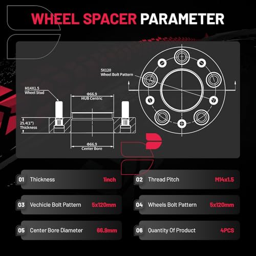 Image of BDFHYK 5x4.75 Wheel Spacers Thickness 1Inch Compatible with Chevy 2010-2022 Camaro Corvette Equinox CTS XTS, 5x120mm Forged 5 Lug M14x1.5 & 66.9mm Hub Bore, Hubcentric Wheel Spacer Set of 4