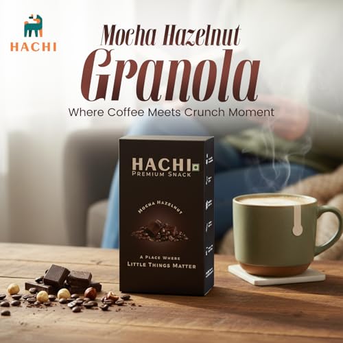 Image of HACHI Healthy Mocha Hazelnut Granola | Pack of 4 (35 g Each) | Crunchy Granola with Rolled Oats, Hazelnuts, Coffee & Jaggery | Nutritious Snack for Travel, Tiffin & Office