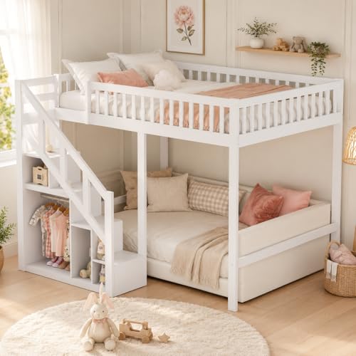 LIVLUX Lit Superposé Enfant 140x200 cm, Lit Mezzanine Multifonctionnel avec Escalier de Rangement et Barrière de Sécurité, Bois Massif Blanc, pour Garçon...