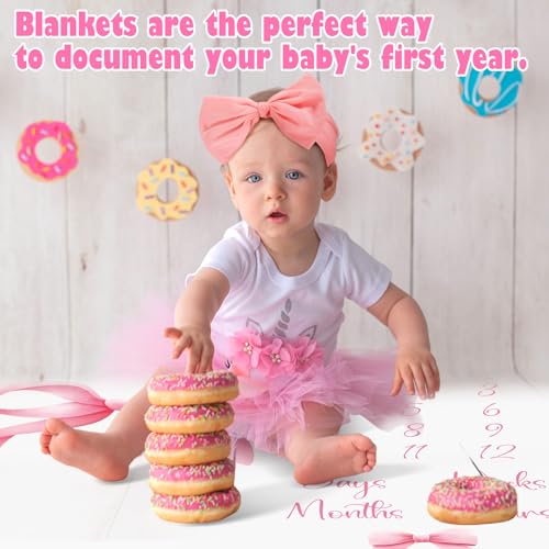Image of Preboun Monthly Milestone Blankets for Baby Girls 51 inch x 39 inch Newborn Baby Blankets Pink Bow Photography Background Fleece Growth Chart Blanket with Wooden Signs, Frames, Bow Headband