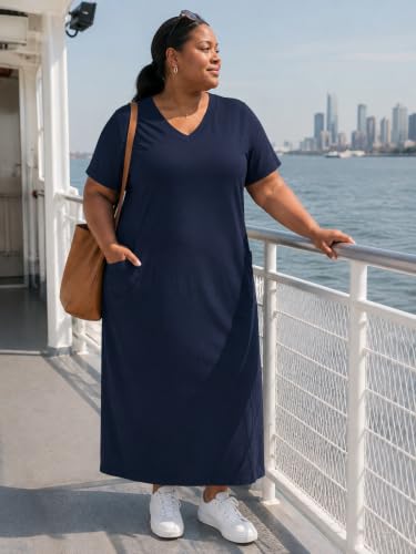 Image of PinkPatty Women's Oversize V Neck Short Sleeve Maxi Dress with Pockets