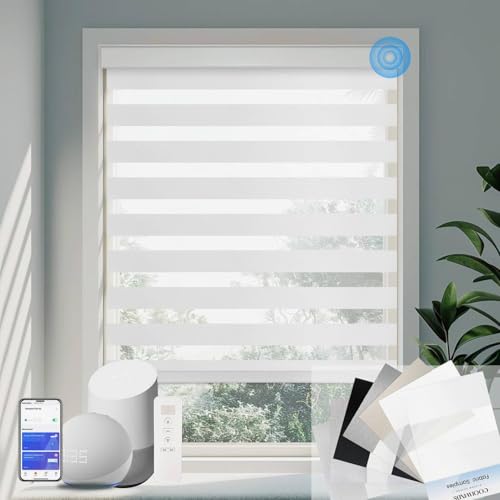Image of Motorized Zebra Blinds Custom Size Smart Dual Layer Shades for Windows with Remote | Assembled in USA | Electric Day and Night Privacy Light Filtering Rechargeable Quiet Motor Window Shades