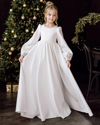 Fall Long Sleeve Flower Girl Dress with Bow Knot Crewneck Pearls Satin First Communion Dress2
