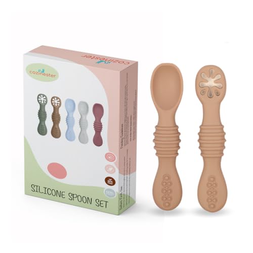 Image of Cozinester Silicone Baby Spoon & Pre-Spoon - Baby Spoons Self Feeding 6 Months, Bendable Toddler Utensils, Baby Led Weaning Supplies | BPA Free & Boil-proof (Set of 2) (Brown)