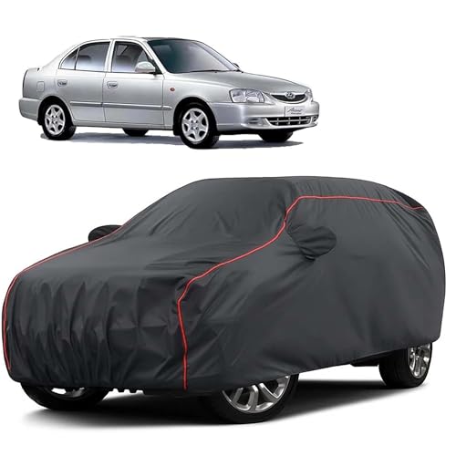 Image of Sulfar 100% Water Resistant Car Body Cover Compatible with Mirror for Hyundai Accent (Triple Stitched, Full Bottom Elastic, Dark Grey Taffeta with Red Piping)