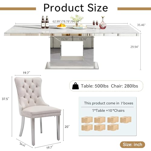 Image of 11-Piece Extendable Dining Table Set for 10, Modern 63 inch-94 inch White Faux Marble Expandable Kitchen Table Set with 10 Velvet Chairs,Large Extendable Dining Room Tables with Mirrored U-Shape Base