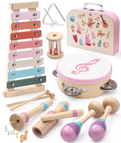 Atoylink Instrument de Musique Bébé en Bois Xylophone Bébé, Tambour Enfant, Trompette, et Mallette Portable Montessori – Cadeau 1 an Garçon et Fille