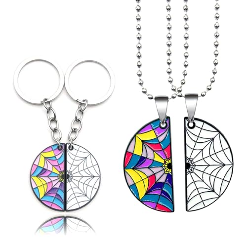 ElevaPulse Wednesday Schmuck Set, 2 Stück Spinnennetz Halskette Mit Schlüsselanhänger, Bff Matching Accessoires Für Frauen, Halloween Kostüm Zubehör, Freundschaftsgeschenk