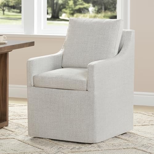 Image of KISLOT Upholstered Dining Chairs Set of 1 with Casters, Light Beige | Modern Rolling Dining Room Arm Chairs with Washable Cover, Hidden Storage Seat, Linen Look Fabric, Padded Kitchen Chairs