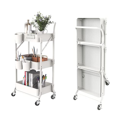 DTK 3 Tier Foldable Metal Rolling Cart, Metal Trays Utility Cart with Handle and Wheels, 3 Hanging Cups and 6 Hooks Storage Organizer Cart, Collapsible Kitchen Cart for Bathroom Office Kitchenï¼ˆWhiteï¼‰