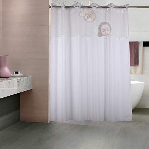 YQN Hook Less Double-Deck Shower Curtain with Removed Fabric Inner Liner & Magnet 70.8 x 74 Inch Polyester Thickening Bath Curtain with Light-Filtering Mesh Screen ABS Flex-On Rings White