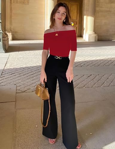 Image of Sarin Mathews Women's Sexy Off The Shoulder Tops Long Sleeve Slim Fit Stretchy Shirts Blouses Top