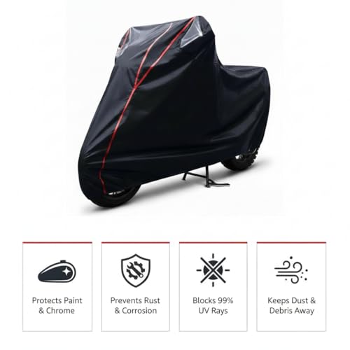 Image of 6X6 Heavy Duty Bike Cover for Access 125, Dual Tone Black & Red Piping, All-Weather Protection, Waterproof, UV Resistant, Dustproof, Durable Outdoor Motorcycle Body Covers for Daily Use