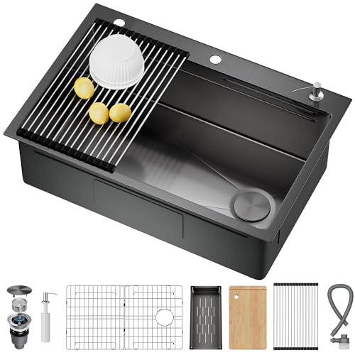 CAMMOO 33X22 Drop In Kitchen Sink with Pop-Up Drain, 304 Stainless Steel Workstation, Upgraded Fast Drain & Anti-Clog, Topmount Single Bowl with kitchen Accessories, Foldable Grid, black kitchen sink