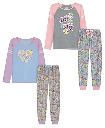 Sleep On It Girls Pajamas Set - 4 Piece Long Sleeve T-Shirt And Sleep Pants For Kids Multipack Sleepwear (Heather Gray/Blue, 10-12, Numeric_10) #TOP1