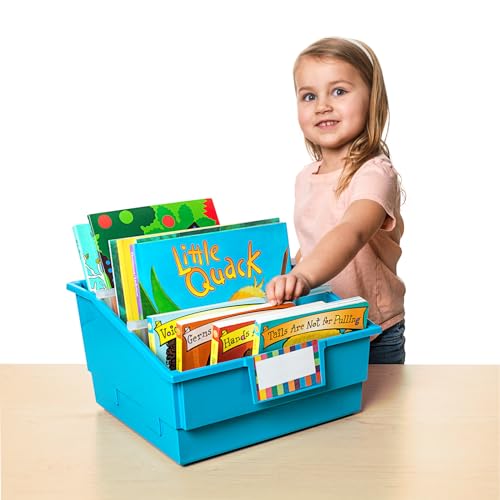 Image of Really Good Stuff Neon Picture Book Classroom Library Bins, 4 Pack | 13.5 inch x 13.5 inch x 7.75, Large Plastic Bin Organizers for Book Organization, Documents, Files, Magazines