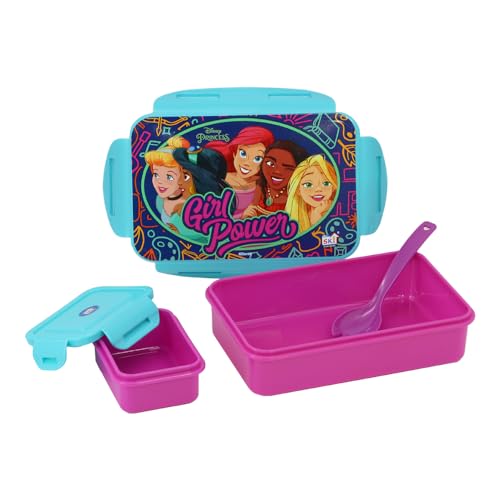 Image of SKi Homeware Lock & Seal Disney Lunch Box + Water Bottle Combo, for School Kids, a Gift for Girls and Boys with Attractive Character Prints and Vibrant Colours (Princess 1)