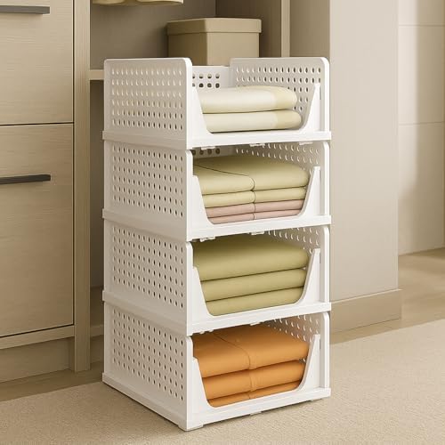 JD FRESH 4 Pieces Stackable Wardrobe Organizer for Storage/Foldable Cupboard Organiser for Clothes/Polypropylene Multipurpose Space Organiser Rack/Adjustable Sliding Drawer (White)