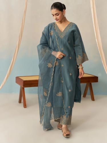 Image of Royal Export Women's Kurta Set | Viscose Silk Floral Embroidered Straight Kurta Pant Dupatta Set Kurta Sets for Women | Ladies Kurta Set
