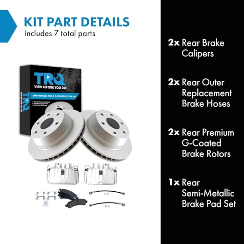 Image of TRQ Rear Brake Pad and Rotor Set Semi Metallic Coated Rotors Calipers Compatible with 2002 Chevrolet Avalanche 1500 Suburban 1500 Tahoe GMC Yukon Yukon XL 1500