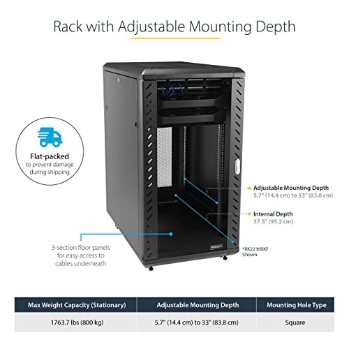 Image of StarTech 32U Enterprise-Grade Server Rack Cabinet, 19in Enclosed 4-Post Rack with 33in (83cm) Mounting Depth and 1764lb (800kg) Weight Capacity | 19in enclosed enterprise steel rack, Adjustable depth 5.7in-33in, Lockable vented doors, Casters & feet
