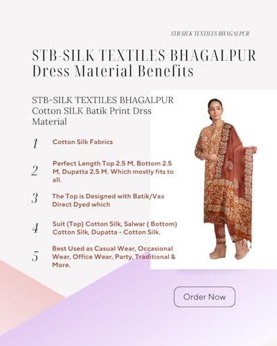 Image of STB-SILK TEXTILES BHAGALPUR Women's Bhagalpuri Cotton Silk Batik Print Unstitched Salwar Suit Dress Material With Dupatta | Dress Material For Women's & Girls (Rust)