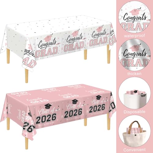 Image of Oigco 2 Pack Pink Graduation Tablecloths, Graduation Decorations Class of 2026, Congrats Grad Plastic Table Cloths for Graduation Party Decorations, 54 x 108 Inch