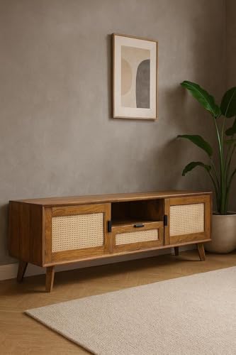Image of Premium Solid Wood, 10 Minutes Assembly (Legs Only), Aesthetic Rattan Doors, Mid Century Entertainment Center for Living Room, TV Stand for 65 inch TV, Dark Chocolate (Light Honey With Drawar)