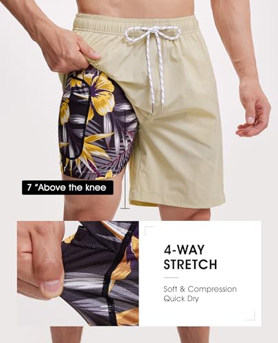 Image of Gleeease 7inch Mens Swim Trunks 2 in 1 with Compression Liner Pockets Drawstring Quick Dry Stretch Lined Funny Beach Pool