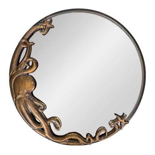 Zeckos Bronze Octopus Wall-Mounted Mirror – 20-Inch Diameter Decorative Accent for Nautical and Coastal Home Decor, Unique Focal Point for Living Room or Bathroom.