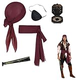 1. Este conjunto de disfraces de pirata incluye 5 accesorios esenciales: una brújula, un pañuelo, un antifaz, un telescopio y un cinturón, todo lo que necesitas para completar tu look de pirata; con estos elementos, serás el centro de atención en cualquier fiesta temática, garantizando un estilo auténtico y emocionante para tu evento; perfecto para crear una atmósfera de aventura y misterio en tus celebraciones.