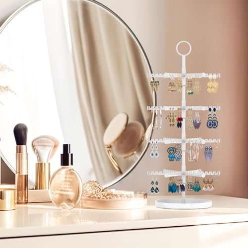 Image of MODOWEY 4 Tier Metal Rotating Earring Holder Organizer Stand Adjustable Display Tree for Women, 384 Holes and Grooves Rack Tower for Pierced Dangle, Large Capacity Space-Saving Jewelry Hanger, White
