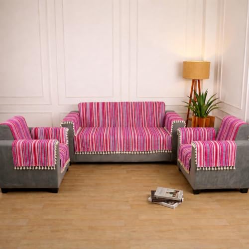 Image of Gifts Island Woven Acrylic Cotton Sofa Cover Mat, Pink Striped with Decorative Tassels, Non-Slip Design with Elastic Straps, 3 Seater and 1 Seater Mats with 6 Armrest Covers (Pink, 3+1+1 Seater)