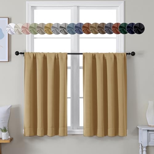 Simplebrand Ava Gold Short 36 Inches Blackout Curtain 2 Panels Set, Half Window Rod Pocket Privacy Curtain Tiers for Kitchen, Curtains Blackout for Bathroom Shades, W40 x L36 Inch, Gold
