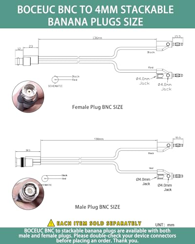 Image of BNC Test Leads, BNC to Multi-Stacking Banana Plugs, Test Lead Breakout Cable for Multimeter, 5A Current Rating, 1 Pack
