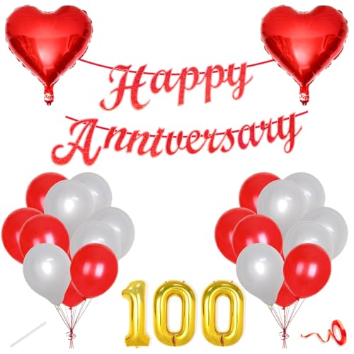 Image of Flyloons 100th Happy Anniversary Decoration Items Red White for Men Women Husband Wife Mom Dad Parent Couple Home Bedroom Car With 20 Pcs Metallic Balloons Anniversary Banner 2 Pcs Heart Set Kit